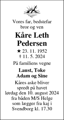 Dødsannoncen for Kåre Leth Pedersen - Marstal