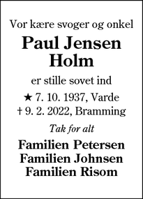 Dødsannoncen for Paul Jensen
Holm - Bramming