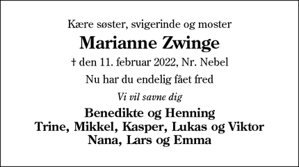 Dødsannoncen for Marianne Zwinge - Nr. Nebel