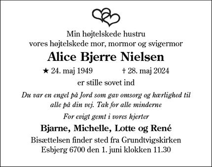 Dødsannoncen for Alice Bjerre Nielsen - Esbjerg 