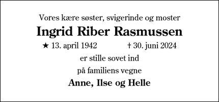 Dødsannoncen for Ingrid Riber Rasmussen - Haderslev