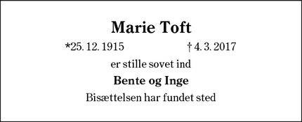 Dødsannoncen for Marie Toft - Kolding