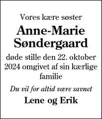 Dødsannoncen for Anne-Marie Søndergaard - Virum