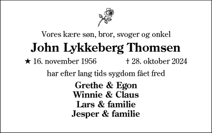 Dødsannoncen for John Lykkeberg Thomsen - Gråsten