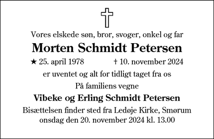 Dødsannoncen for Morten Schmidt Petersen - Ledøje, Smørum