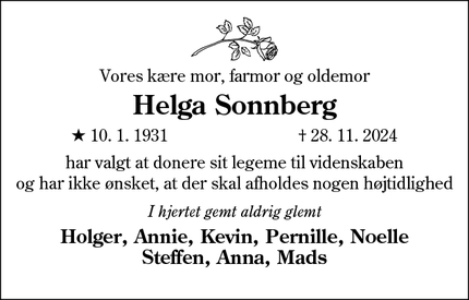 Dødsannoncen for Helga Sonnberg - 6780 Skærbæk