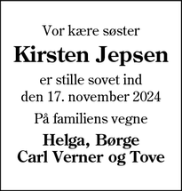 Dødsannoncen for Kirsten Jepsen - Ribe