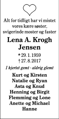 Dødsannoncen for  Lena A. Krogh Jensen - Sønder Bork