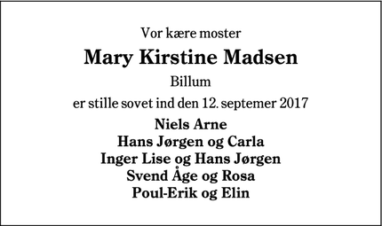 Dødsannoncen for Mary Kirstine Madsen - Blåvand