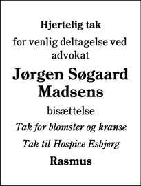 Taksigelsen for Jørgen Søgaard Madsens - Bramming