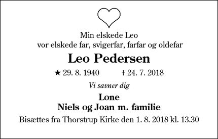 Dødsannoncen for Leo Pedersen - Sig V. Varde 