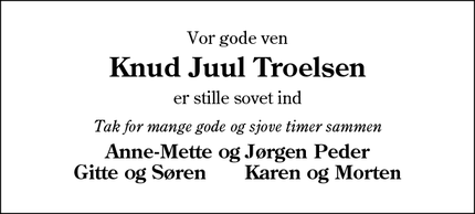 Dødsannoncen for Knud Juul Troelsen - Ølgod