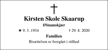 Dødsannoncen for Kirsten Skole Skaarup - Risskov