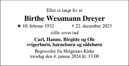 Dødsannoncen for Birthe Wessmann Dreyer - Hillerød