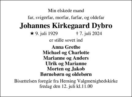 Dødsannoncen for Johannes Kirkegaard Dybro - Herning