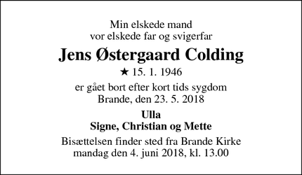 Dødsannoncen for Jens Østergaard Colding - Brande