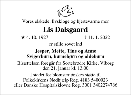 Dødsannoncen for Lis Dalsgaard - Viborg