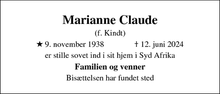 Dødsannoncen for Marianne Claude - hvalsø