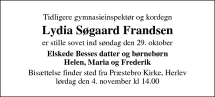 Dødsannoncen for Lydia Søgaard Frandsen - Herlev