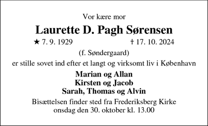 Dødsannoncen for Laurette D. Pagh Sørensen - København