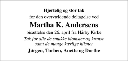 Taksigelsen for Martha K. Andersen - 5683 Hårby/Trunderup
