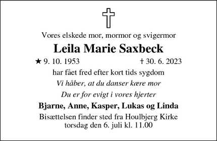 Dødsannoncen for Leila Marie Saxbeck - Houlbjerg 