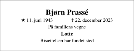 Dødsannoncen for Bjørn Prassé - 3630 Jægerspris