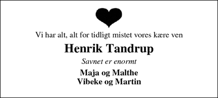 Dødsannoncen for Henrik Tandrup - Vemb