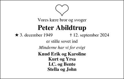 Dødsannoncen for Peter Abildtrup - Vejlby