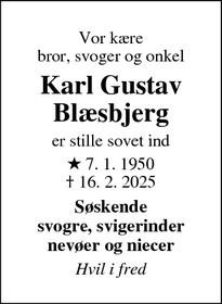 Dødsannoncen for Karl Gustav
Blæsbjerg - Holstebro