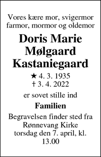 Dødsannoncen for Doris Marie
Mølgaard
Kastaniegaard - Taastrup