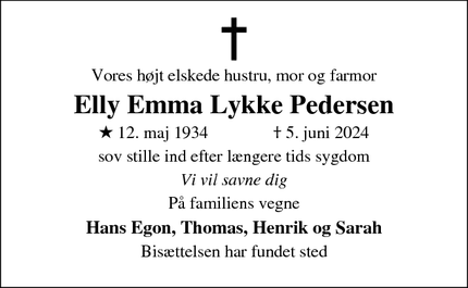 Dødsannoncen for Elly Emma Lykke Pedersen - Humlebæk