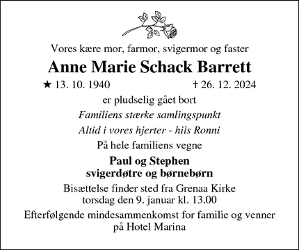 Dødsannoncen for Anne Marie Schack Barrett - Grenaa