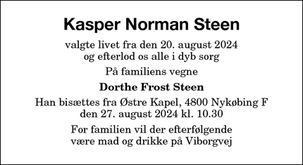 Dødsannoncen for Kasper Norman Steen - Stubbekøbing