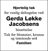 Dødsannoncen for Gerda Løkke Jacobsens - Vesterborg