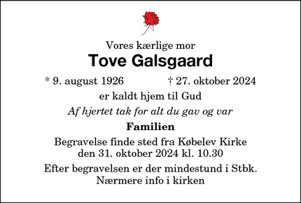 Dødsannoncen for Tove Galsgaard - Stubbekøbing