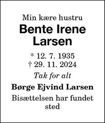 Dødsannoncen for Bente Irene Larsen - Nykøbing Falster