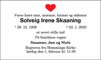 Dødsannoncen for Solveig Irene Skaaning - Sakskøbing