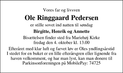 Dødsannoncen for Ole Ringgaard Pedersen - Silkeborg