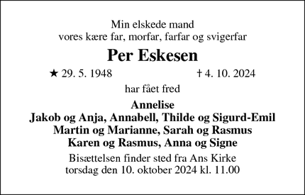 Dødsannoncen for Per Eskesen - Ans