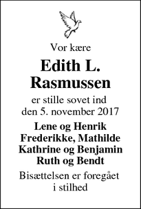 Dødsannoncen for Edith L. Rasmussen - Kirke Sonnerup