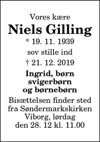 Dødsannoncen for Niels Gilling - 	Viborg