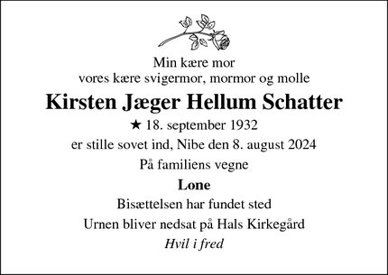 Dødsannoncen for Kirsten Jæger Hellum Schatter - Nibe