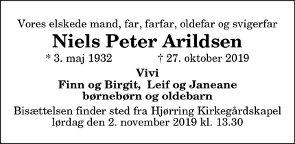 Dødsannoncen for Niels Peter Arildsen - Hjørring