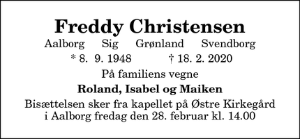 Dødsannoncen for Freddy Christensen - Svendborg