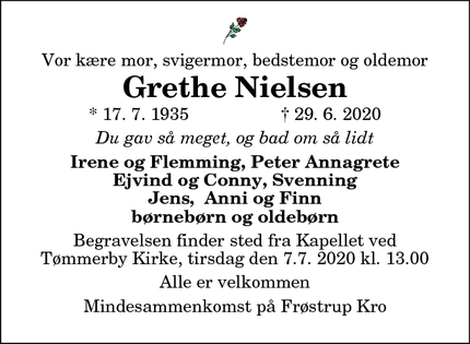 Dødsannoncen for Grethe Nielsen - Frøstrup