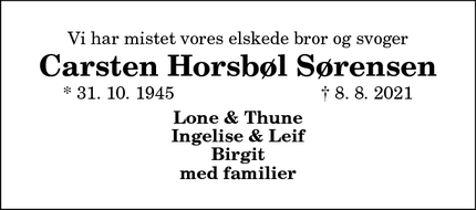 Dødsannoncen for Carsten Horsbøl Sørensen - Hals