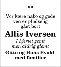 Dødsannoncen for Allis Iversen - Brovst