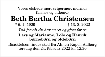 Dødsannoncen for Beth Bertha Christensen - Aalborg