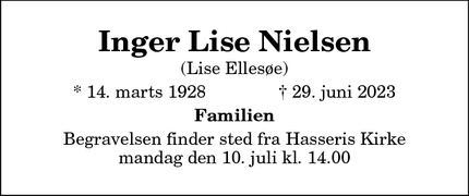 Dødsannoncen for Inger Lise Nielsen - Aalborg